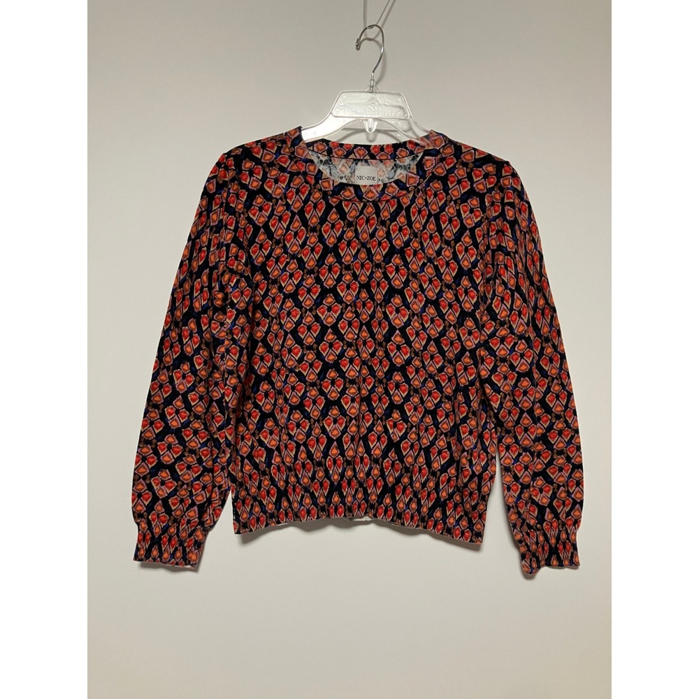 NIC+ZOE Harvest Ikat Women Sweater L Geometric Diamond Print Cotton Knit F251178